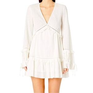 Jonathan Simkhai Dress Embroidered Eyelet Ruffle V-Neck Long Sleeve White Large